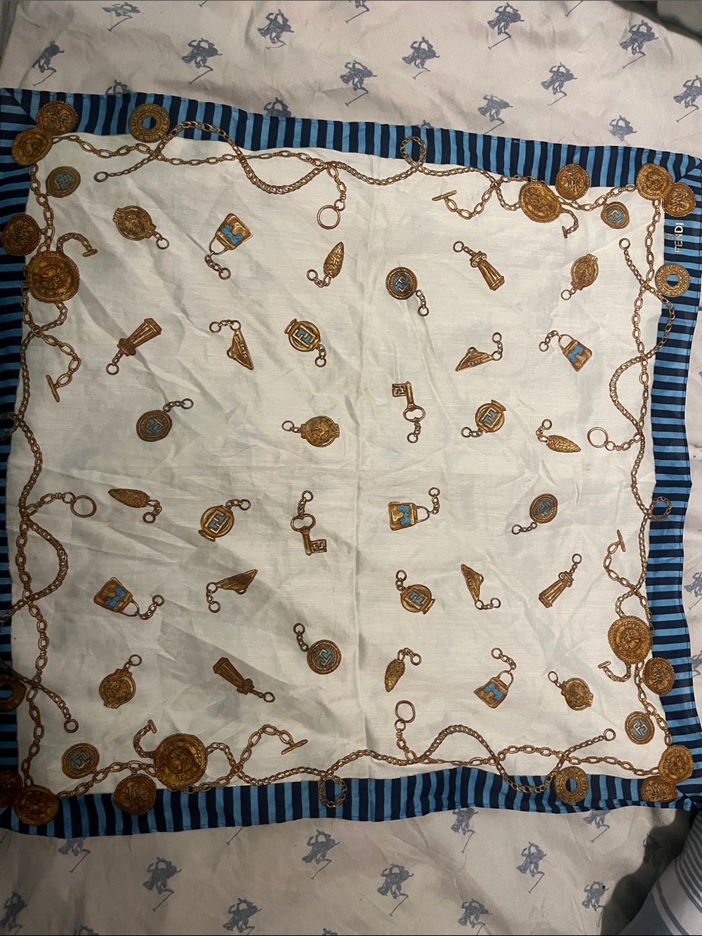 Fendi White Scarf with Gold Chain & Blue Stripe Border